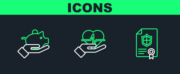Set line Contract with shield, Piggy bank in hand and Life insurance icon. Vector