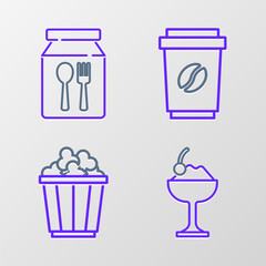 Set line Ice cream in bowl, Popcorn box, Coffee cup to go and Online ordering and delivery icon. Vector