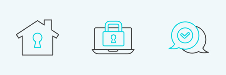 Set line Check mark in speech bubble, House under protection and Laptop and lock icon. Vector