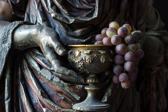 A detailed photograph of Dionysos' graceful hands holding a goblet of wine, symbolizing abundance, photo