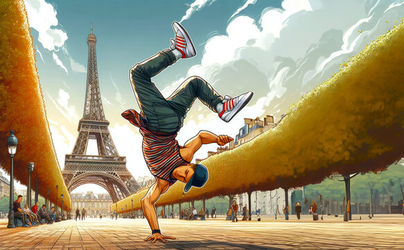 guy performing acrobatic breakdancing in front of the Eiffel Tower equates street culture with the majestic beauty of Paris, taking him to the next level