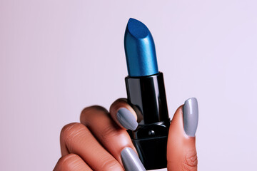 Hand holding blue lipstick isolated on white background, beauty