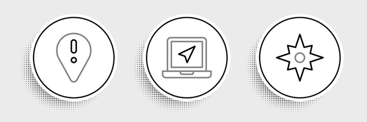 Set line Wind rose, Location with exclamation mark and Laptop location marker icon. Vector