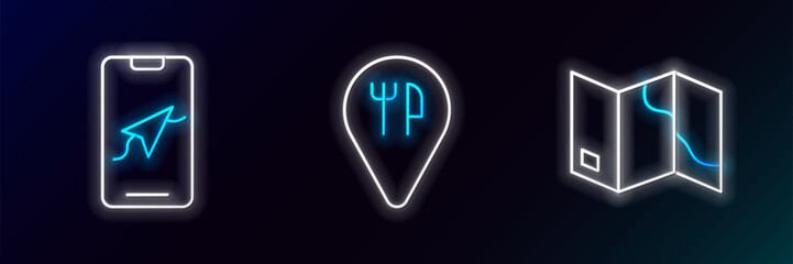 Set line Folded map, City navigation and Cafe and restaurant location icon. Glowing neon. Vector