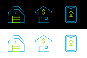 Set line Online real estate, Garage and House with dollar icon. Vector