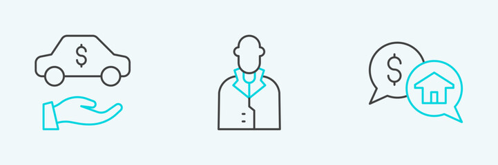 Set line Price negotiation, Car rental and Realtor icon. Vector