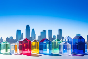 Colorful Glass Houses Model with Urban Skyline.