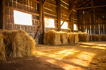 Warm Sunlight in Rustic Barn with Hay Bales.
