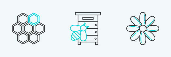 Set line Flower, Honeycomb and Hive for bees icon. Vector