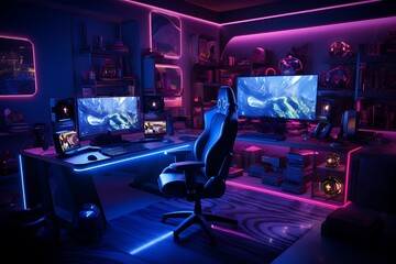 Energetic Gaming Room with Neon LED Lights and Dual Monitor Setup - Gamer’s Sanctuary