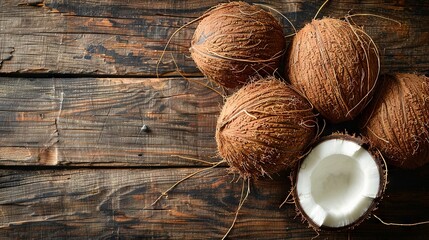 Coconuts on Vintage Wood in Flat Lay Style

