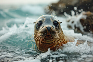 Obraz premium Curious Seal Popping Up from Ocean Waves.