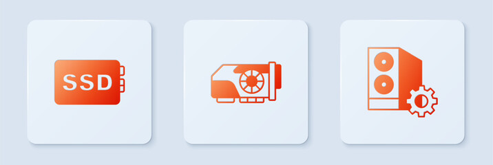 Set Video graphic card, SSD and Case of computer. White square button. Vector