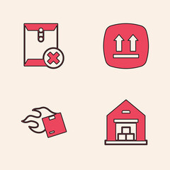 Set Warehouse, Delete envelope, This side up and Carton cardboard box icon. Vector