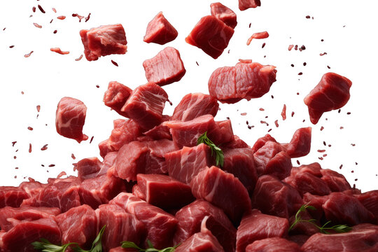 Graceful Beef Cubes in Motion on transparent background on transparent background