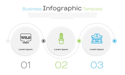Set line Pointer to wild west, Cactus peyote pot and Wild saloon. Business infographic template. Vector
