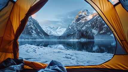 Winter camping scene from inside a tent with a view of snowy mountains at dawn
