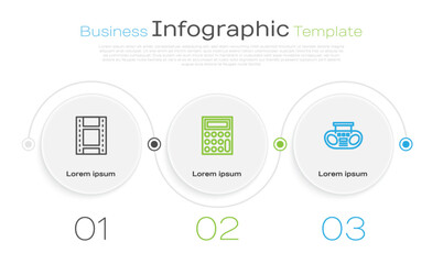 Set line Play Video, Calculator and Home stereo with two speakers. Business infographic template. Vector