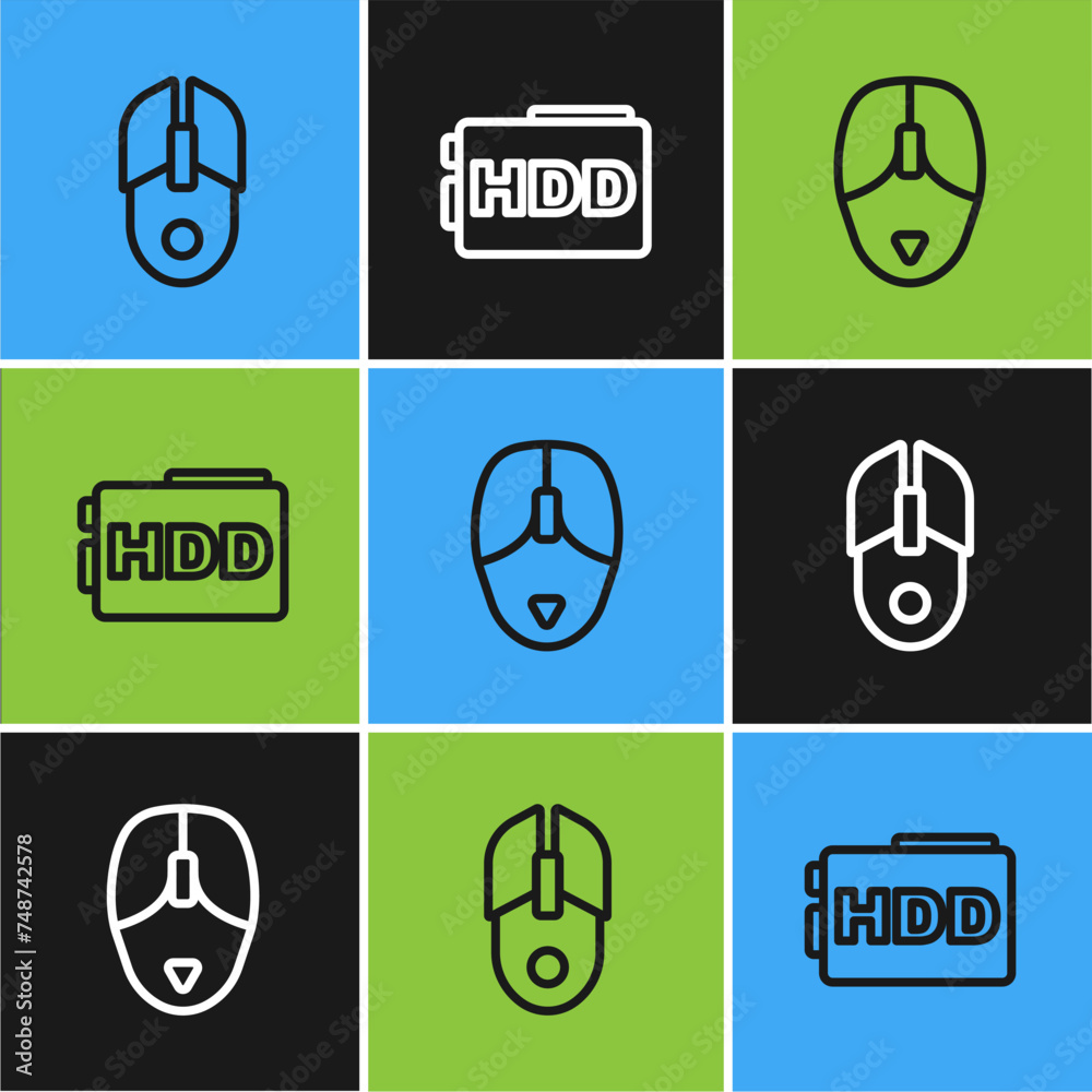 Poster set line computer mouse, and hard disk drive hdd icon. vector
