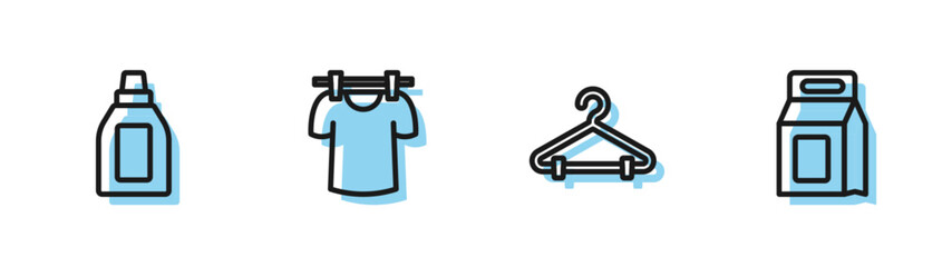Set line Hanger wardrobe, Bottle for cleaning agent, Drying clothes and Laundry detergent icon. Vector