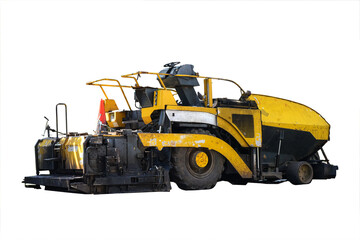 Vibratory roller compactor car isolated on white. A road roller is a vehicle used to compact soil, gravel, concrete and asphalt