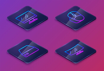 Set Isometric line Computer monitor screen, Server, Data, Web Hosting, mouse and . Blue square button. Vector