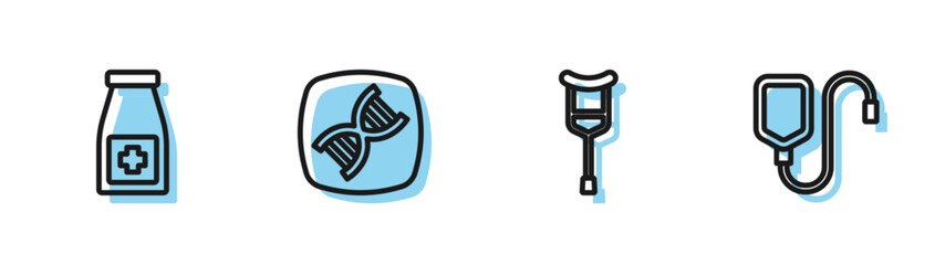 Set line Crutch or crutches, Medicine bottle and pills, DNA symbol and IV bag icon. Vector