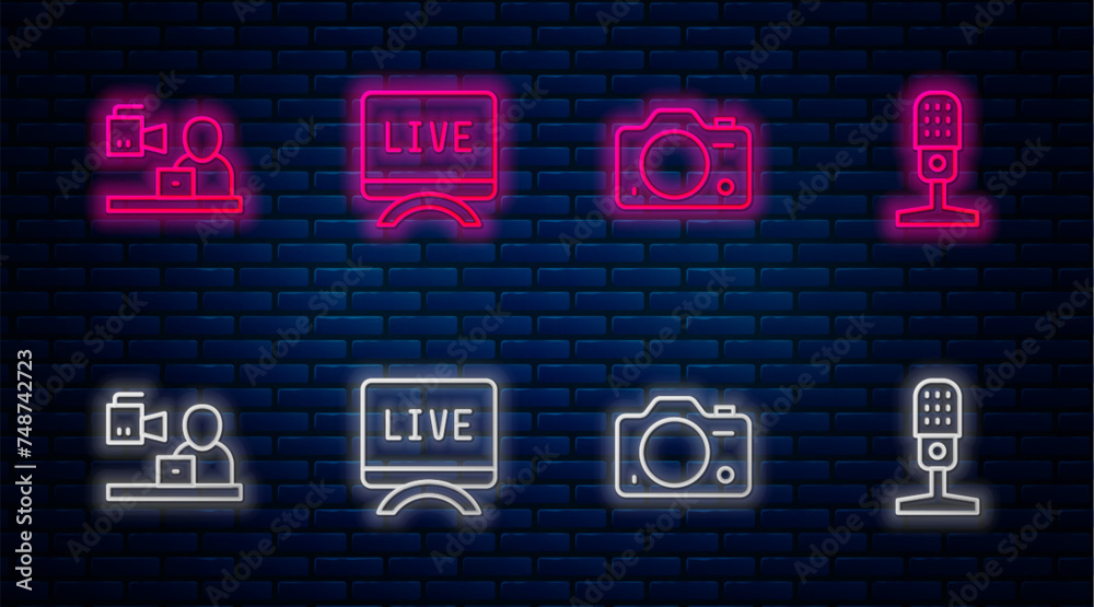 Sticker Set line Live report, Photo camera, Breaking news and Microphone. Glowing neon icon on brick wall. Vector