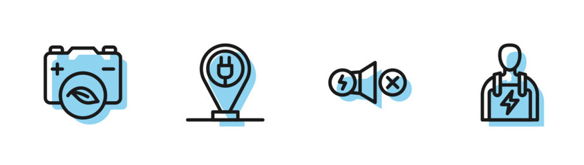 Set line Electric motor, Eco nature leaf battery, Charging parking electric car and Car mechanic icon. Vector