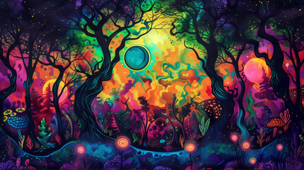 Fototapeta na wymiar psychedelic art of colorful forest