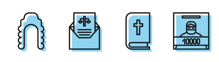 Set line Holy bible book, Judge wig, Subpoena and Wanted poster icon. Vector
