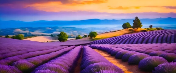 view of lavender flowers on the hill in the afternoon - obrazy, fototapety, plakaty