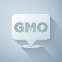 Paper cut GMO icon isolated on grey background. Genetically modified organism acronym. Dna food modification. Paper art style. Vector