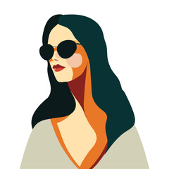 A woman with black  hair wearing sunglasses, vector art. Womens History Month. Women's day.