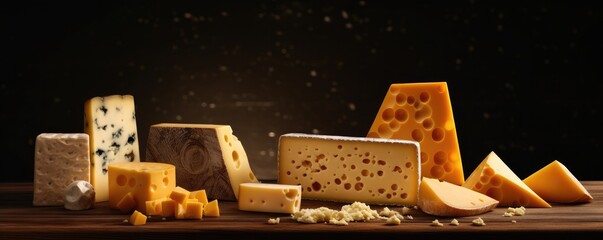 Delicious pieces of different types of luxury cheese, panorama cheese wallpaper. Generative Ai.