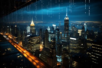 Nighttime Cityscape with Illuminated Skyscrapers in Rain, Urban Architecture, Iconic Landmark, and...