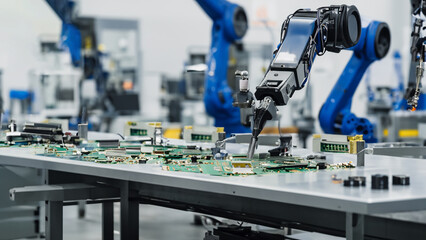 Advanced Robotic Arms Assembling PCB Boards Inside a Modern Electronics Factory