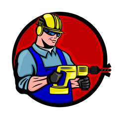 Round icon of worker with hammer drill on white background. - 748743728