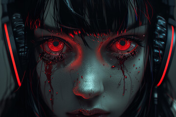 Beautiful girl listening music with headpones, blood comes from her headphones and her eyes turning to red slowly. Horror Theme Wallpaper - Generative AI