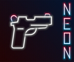 Glowing neon line Pistol or gun icon isolated on black background. Police or military handgun. Small firearm. Colorful outline concept. Vector