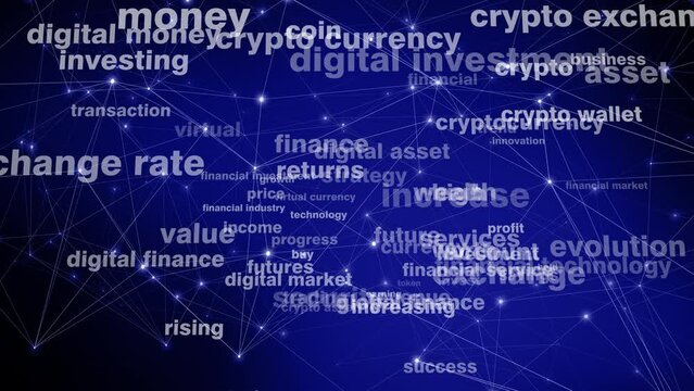 Connected lines in digital market crypto currency texts linking financial investment, innovation, and global finance
