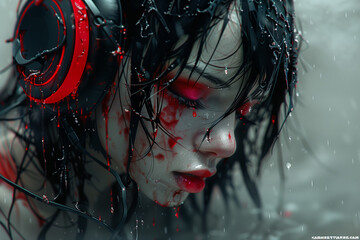 Beautiful girl listening music with headpones, blood comes from her headphones and her eyes turning to red slowly. Horror Theme Wallpaper - Generative AI - obrazy, fototapety, plakaty
