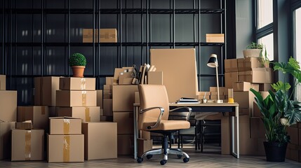 Settling in the New Office: Corporate Concept with Moving Boxes, Cardboard and Armchair as Belongings on Background