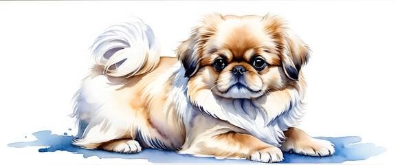 A cute pekinese with white chest fur. Portrait of a brachycephalic dog. Isolated on white background. Dog illustration in watercolor style.