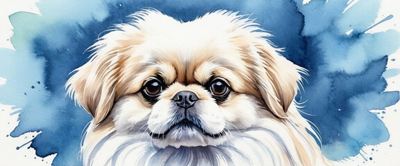 Portrait of a pekinese. Illustration of a dog with a flat nose. Dog illustration in watercolor style. With a blue background.