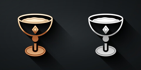 Gold and silver Medieval goblet icon isolated on black background. Long shadow style. Vector