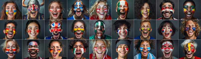 Multi National teams Fans with painted own country flags faces colors smiling laughing excited Roaring Supporting their favorite team straight at camera. Active sport fans movement and emotion collage - obrazy, fototapety, plakaty