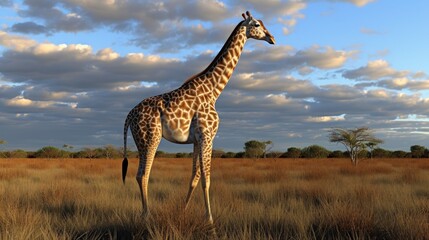 Obraz premium a giraffe standing in the middle of a dry grass field with clouds in the sky in the background.