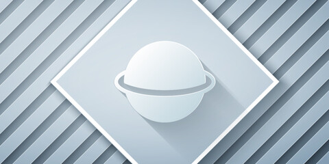 Paper cut Planet Saturn with planetary ring system icon isolated on grey background. Paper art style. Vector © Vadim