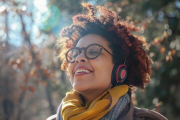 A young woman with auburn curls smiles serenely, lost in music on her headphones, as the gentle autumn sun creates a halo around her. - obrazy, fototapety, plakaty